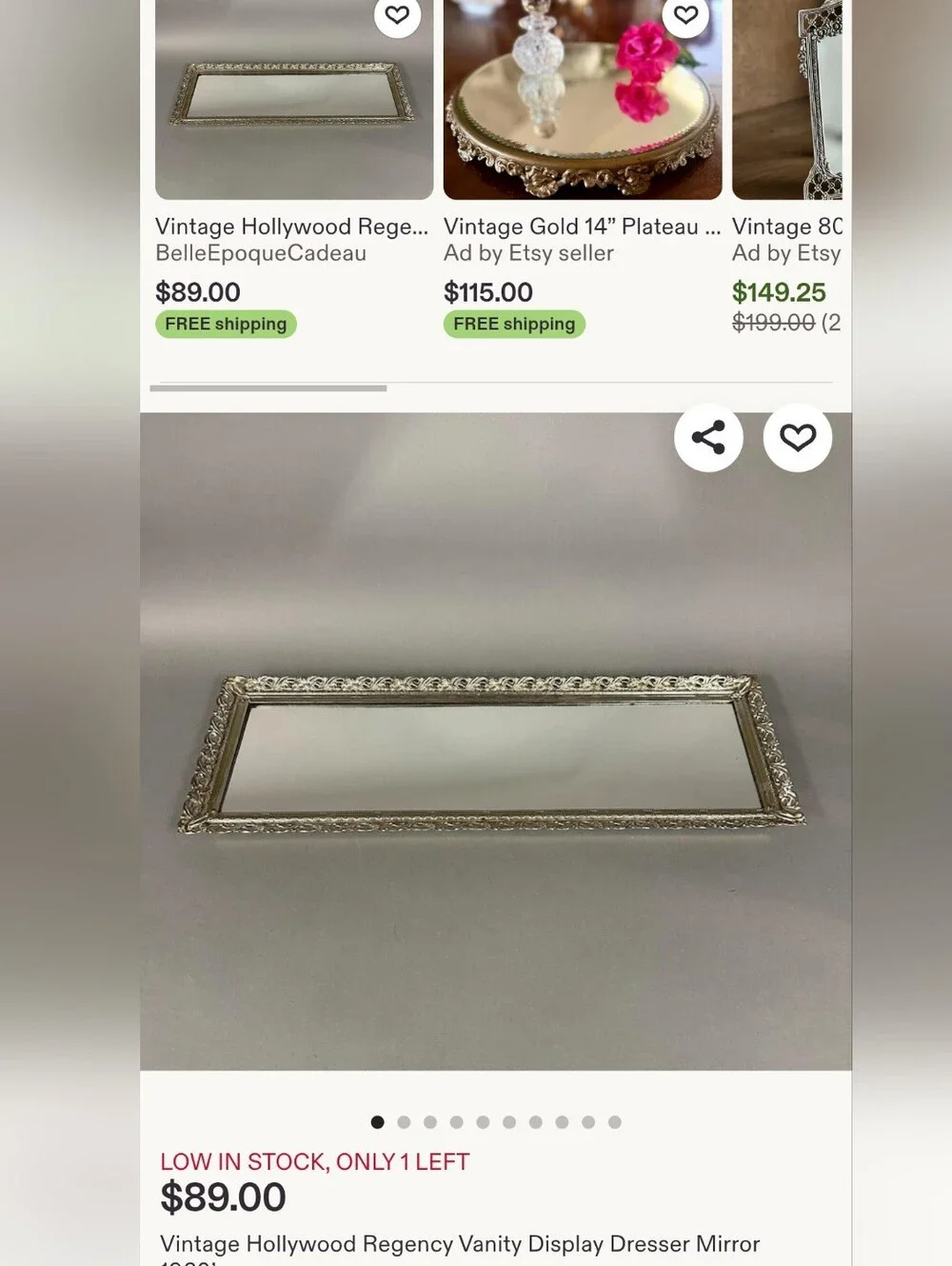 Vintage 50's-60's Gold Ornate Rectangular Mirrored Tray- Elegant Home Accent